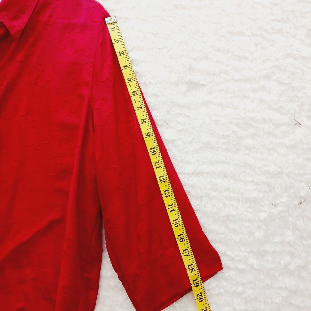 Blouse Button Up Red Floral Embossed Office Siren Minimalist Chic Festival Sz L - Picture 6 of 10